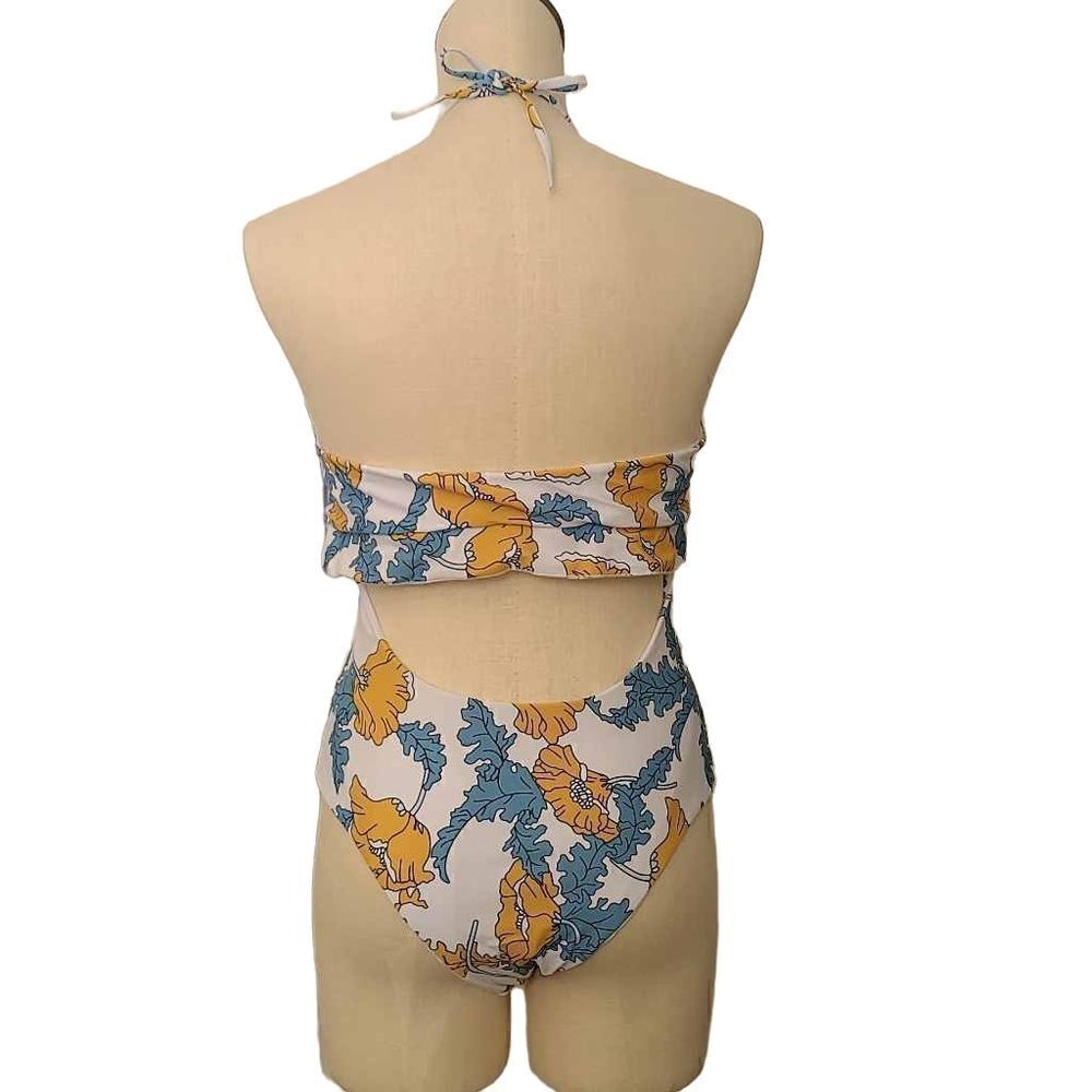Monkini Suit Junior XL Gold Blue Floral Halter Tie Cut Out - Picture 12 of 12
